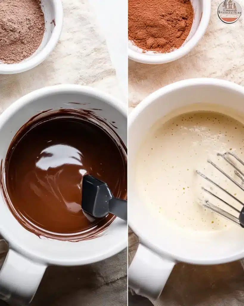 Step-by-step prep showing melted chocolate and whipped eggs and sugar for chewy brookies
