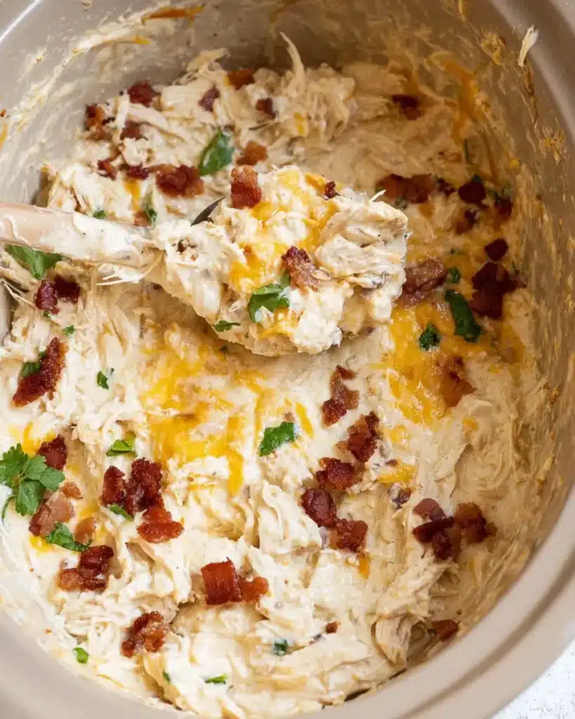Creamy Crockpot Crack Chicken being scooped from slow cooker with melted cheese and bacon