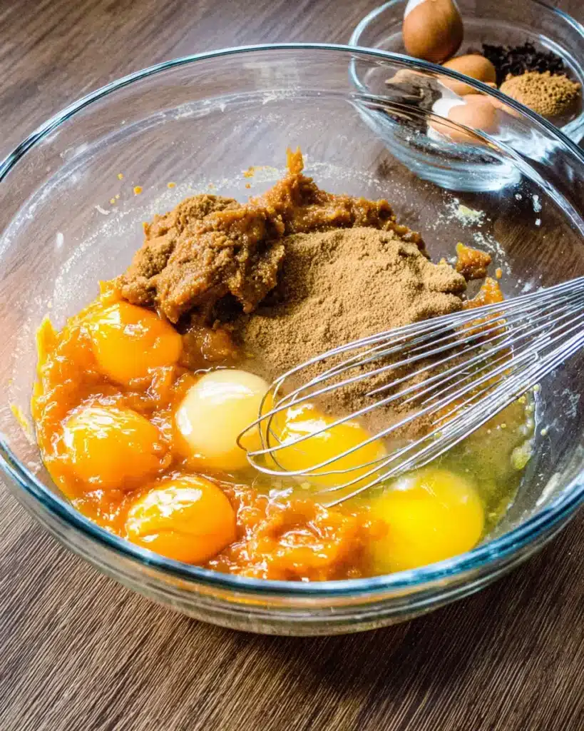 Perfect Pumpkin Bread That's Moist with a Crunchy Sugar Crust 7 Glass bowl with eggs, pumpkin puree, and sugars ready to be mixed for pumpkin bread