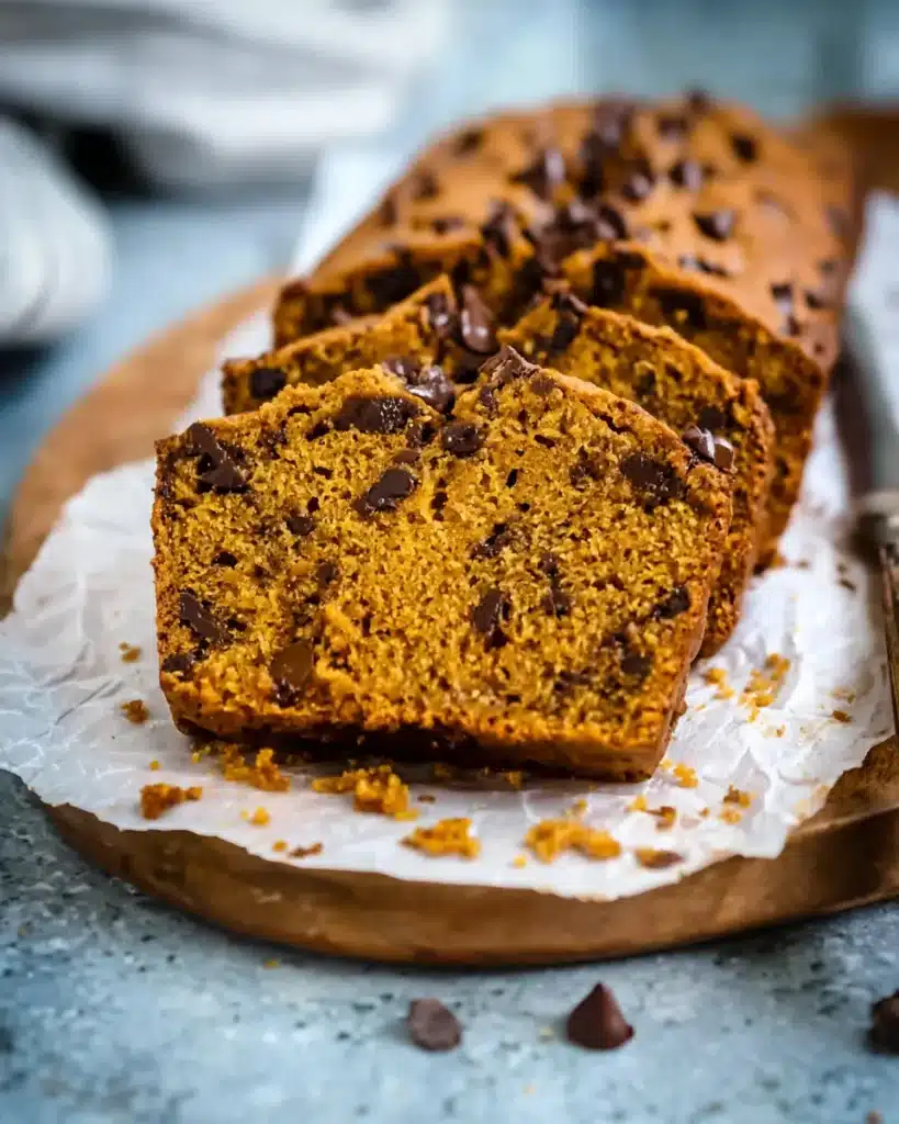 Moist pumpkin chocolate chip bread slice on a ceramic plate with melted chocolate chips


