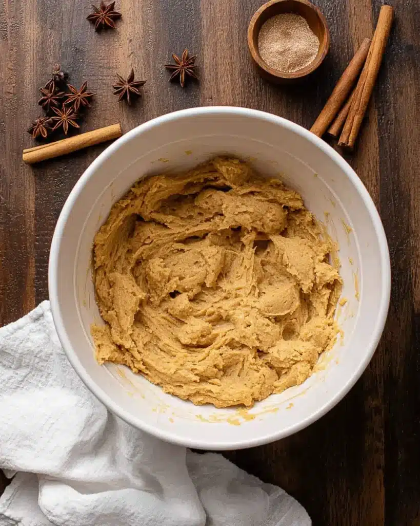 Chewy Pumpkin Cookies (Soft & Absolutely Delicious) 11 Thick pumpkin cookie dough in a white bowl on a rustic wood table with spices and sugar nearby.
