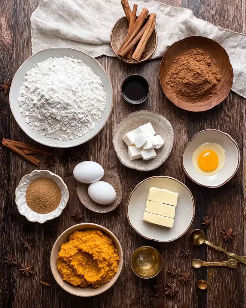Chewy Pumpkin Cookies (Soft & Absolutely Delicious) 9 Flat lay of chewy pumpkin cookie ingredients including flour, butter, brown sugar, eggs, and spices on a dark wooden table.