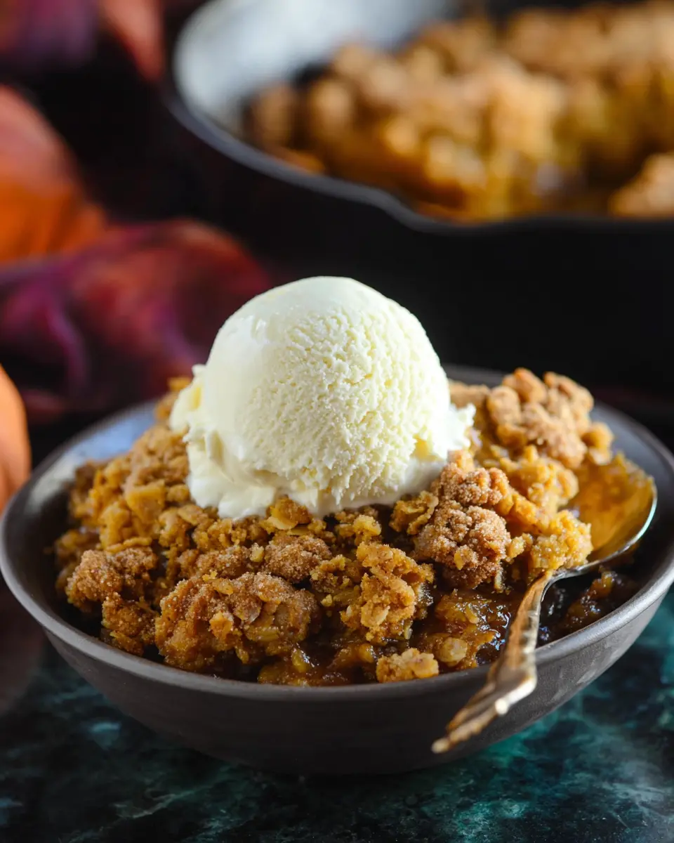 Warm pumpkin crisp dessert topped with vanilla ice cream in a dark bowl, showing crumbly streusel and creamy textures.