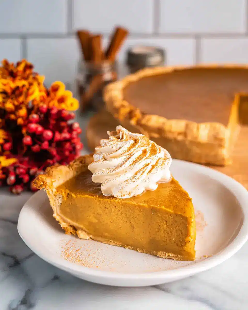 Slice of pumpkin pie with cinnamon whipped cream on white plate, fall-themed decor in background