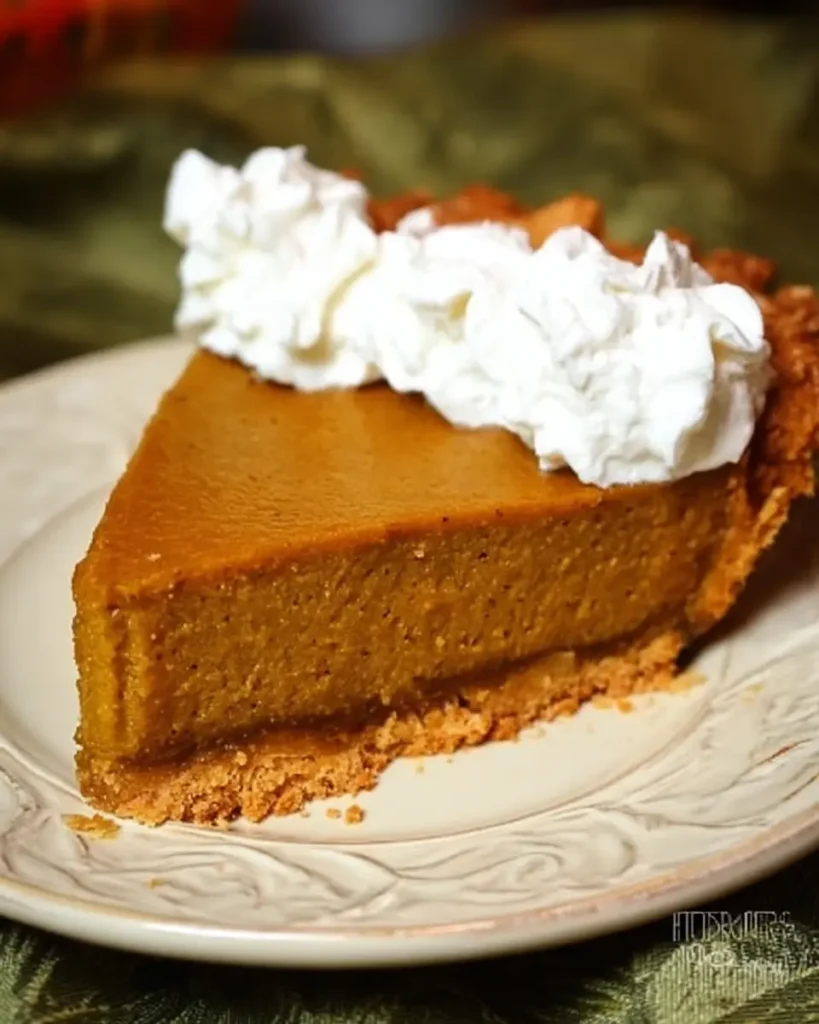 Practically Perfect Pumpkin Pie for Cozy Baking Days 8 Slice of pumpkin pie with whipped cream on cream plate and green background
