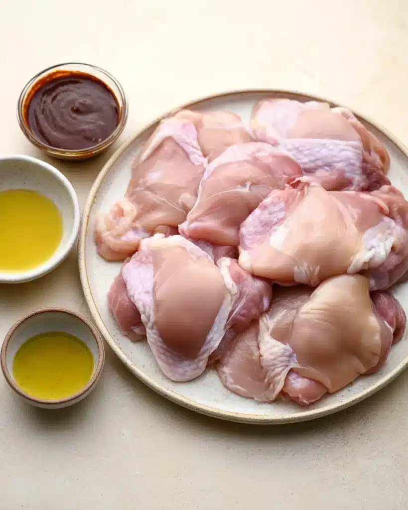 Caramelized BBQ Chicken Thighs in the Oven – Flavorful & Easy 10 Raw chicken thighs with oil and BBQ sauce ready for oven preparation