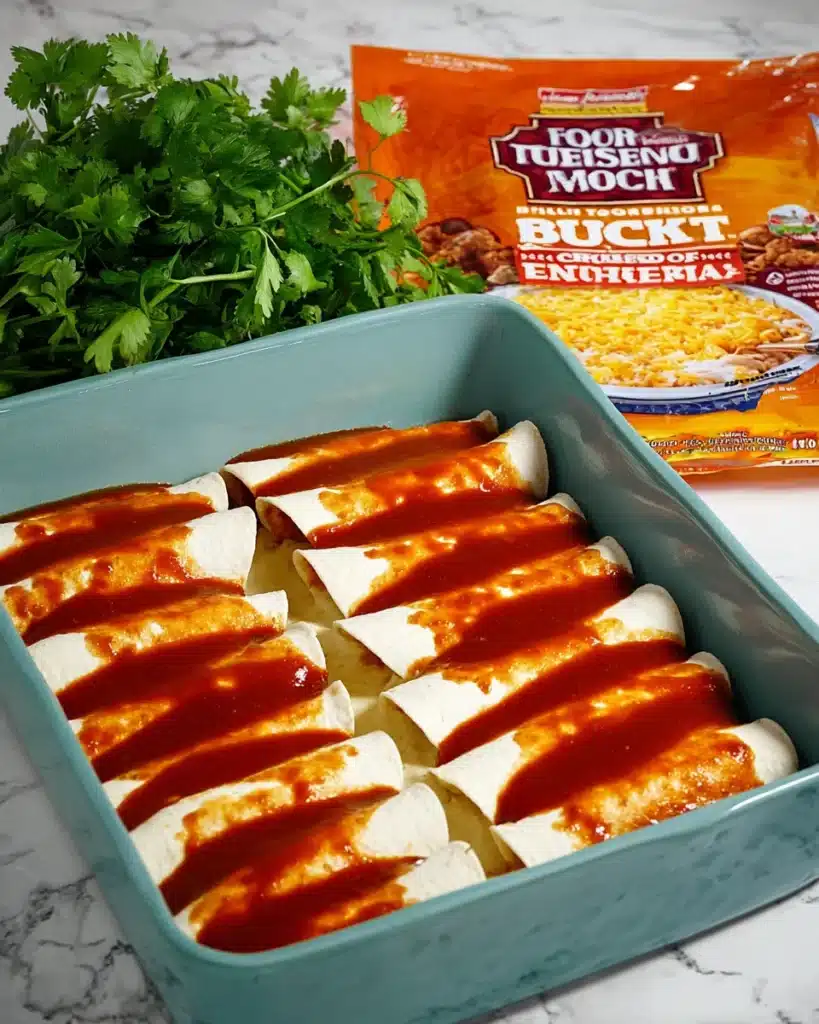 Rolled tortillas with red enchilada sauce in a baking dish, cheese pack and herbs in background