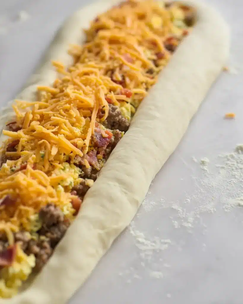 Crescent dough rolled with eggs, sausage, and cheese for breakfast rolls on a marble counter

