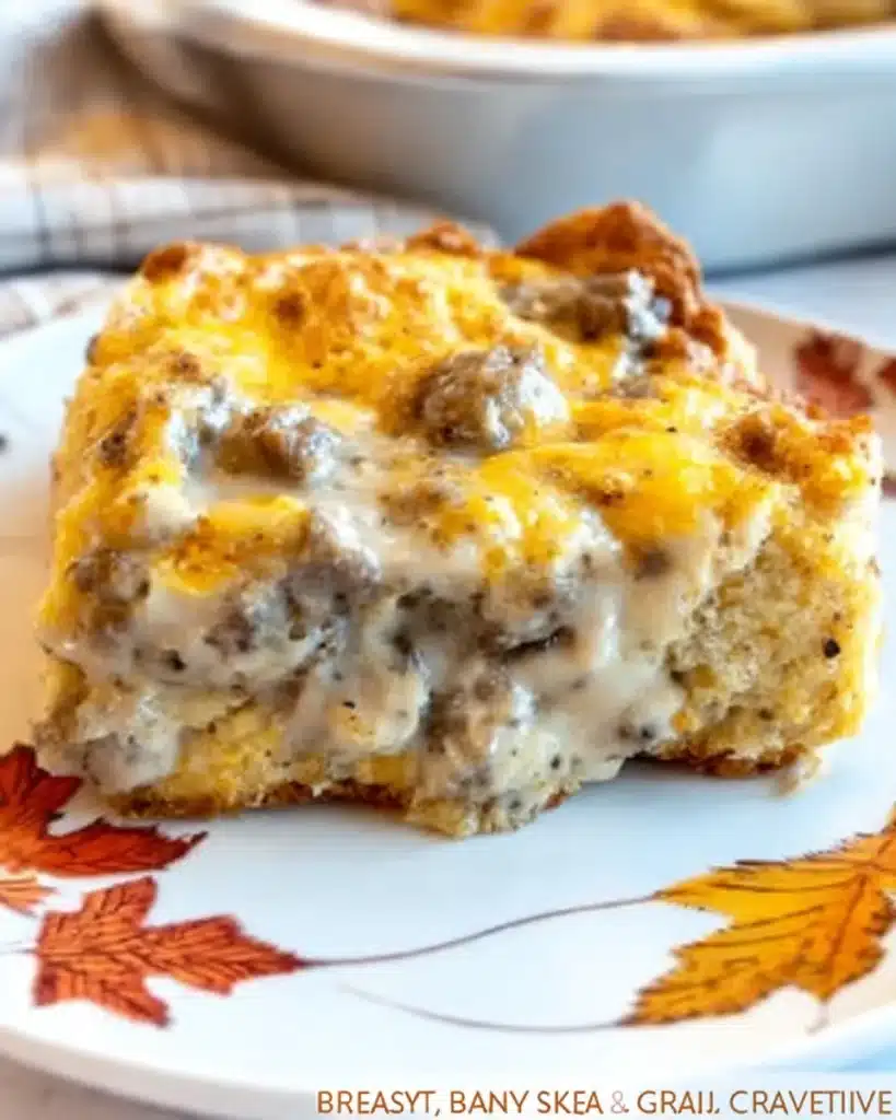 Biscuits and Gravy Breakfast Casserole – Easy & Hearty Recipe 7 Plated slice of biscuits and gravy breakfast casserole with sausage and creamy gravy