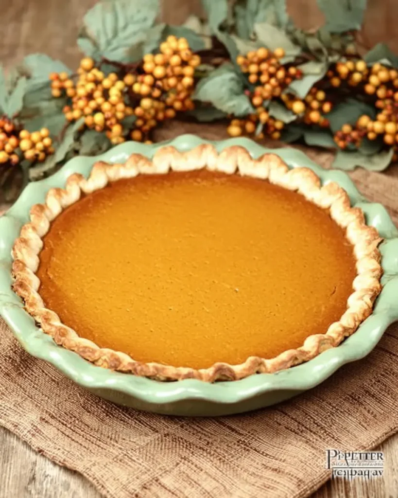 Practically Perfect Pumpkin Pie for Cozy Baking Days 7 Homemade pumpkin pie with golden crust in a green ceramic dish on burlap cloth with fall leaves