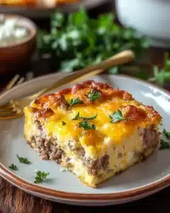 Golden sausage and egg casserole slice on a plate with melted cheese and fresh herbs