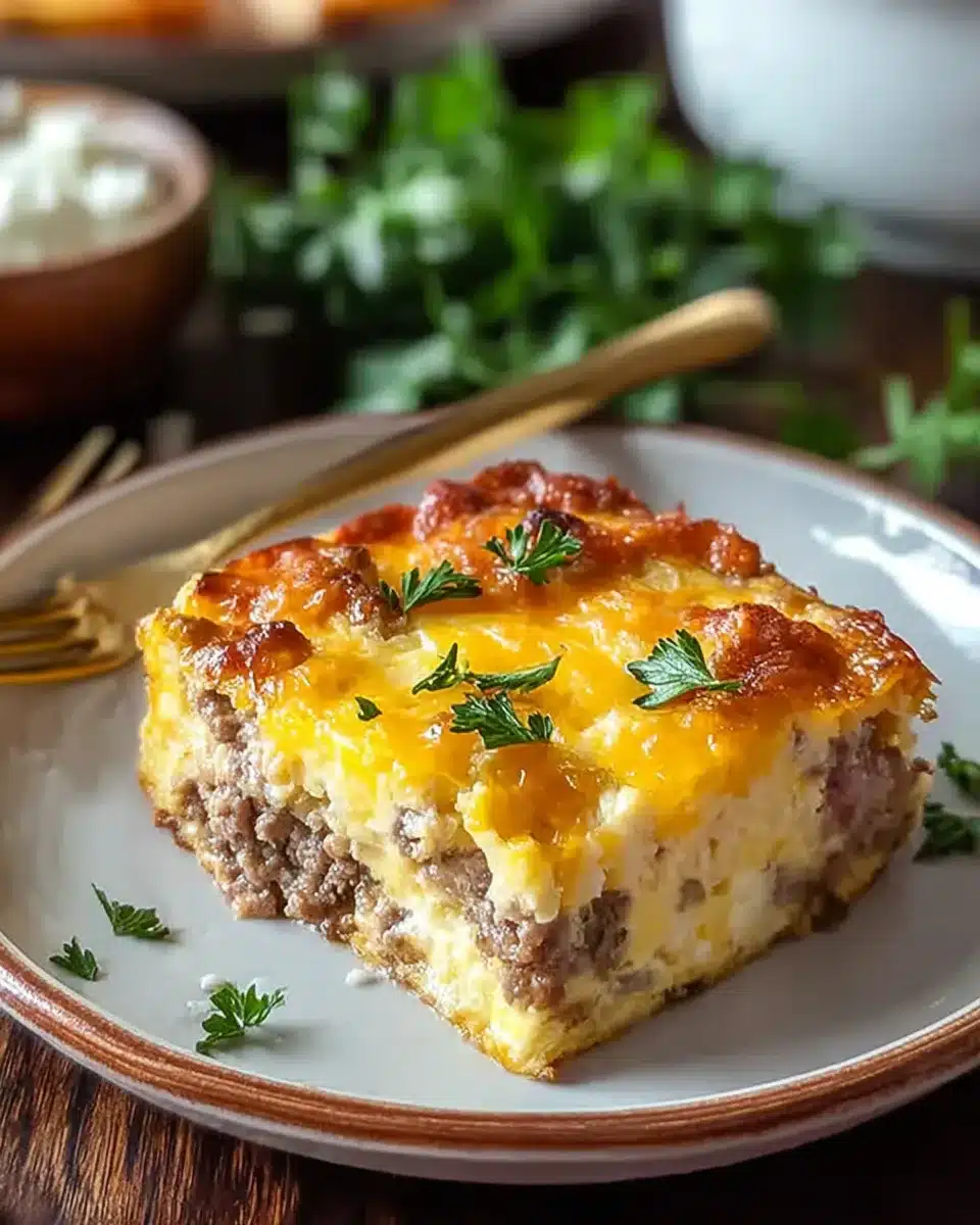 Golden sausage and egg casserole slice on a plate with melted cheese and fresh herbs