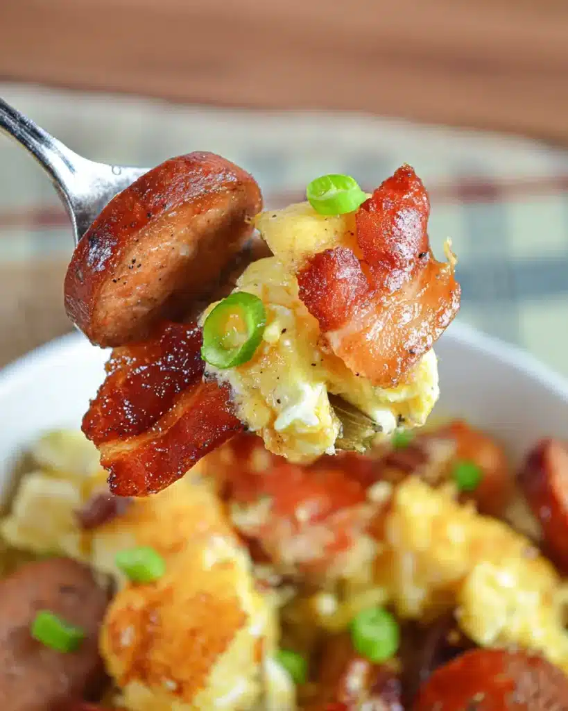 Breakfast Gumbo – Southern Grits Bowl with Sausage & Eggs 7 Forkful of breakfast gumbo with sausage, bacon, scrambled eggs, and grits