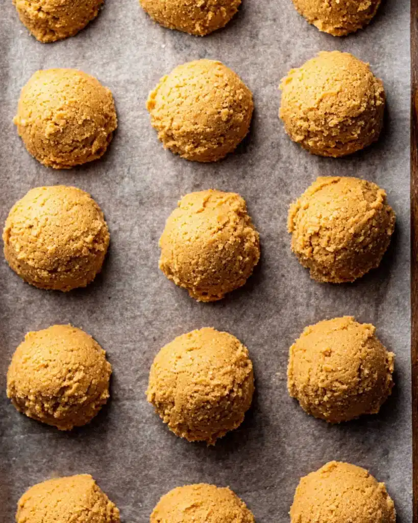 Chewy Pumpkin Cookies (Soft & Absolutely Delicious) 10 Scooped pumpkin cookie dough portions on parchment paper, ready to bake.