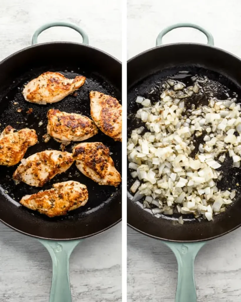 Cream Cheese Chicken (Easy & Creamy One-Skillet Dinner) 9 Side-by-side skillet shots showing seared chicken breasts and diced onions sautéing for cream cheese chicken recipe.