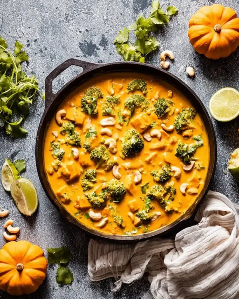 Thai Pumpkin Curry That’s Creamy, Cozy, and Easy to Make 7 Thai pumpkin curry simmering in a cast iron pan with broccoli, cashews, and creamy orange coconut sauce