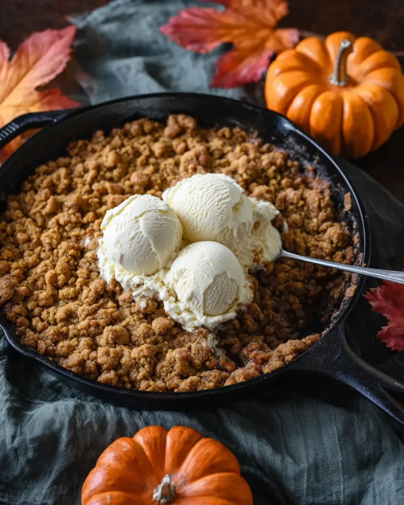 Baked pumpkin crisp in a cast iron skillet with vanilla ice cream scoops and autumn decor