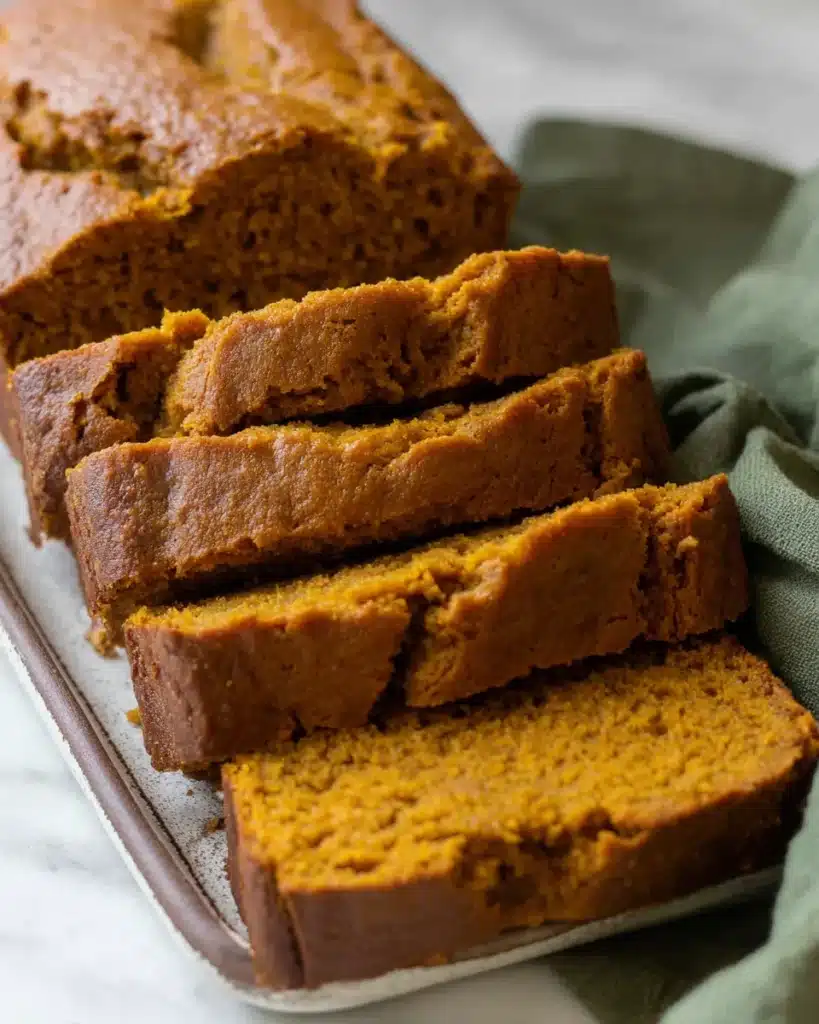 Sliced moist pumpkin bread with soft golden interior and crisp brown crust on a tray