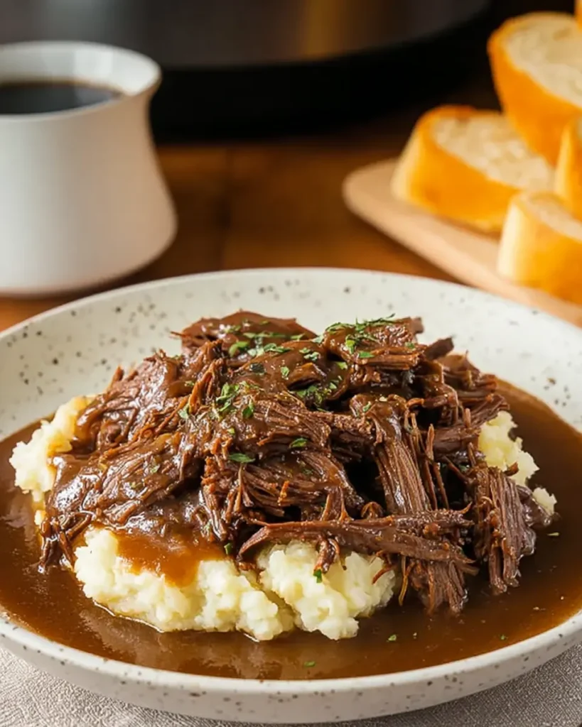 Beef Manhattan – Slow Cooker Classic with Comfort in Every Layer 5 Close-up of shredded beef with thick brown gravy on a plate