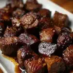 Crockpot Steak Bites – Easy, Tender, and Bursting with Flavor 9 Close-up of tender crockpot steak bites glazed in savory sauce on a plate