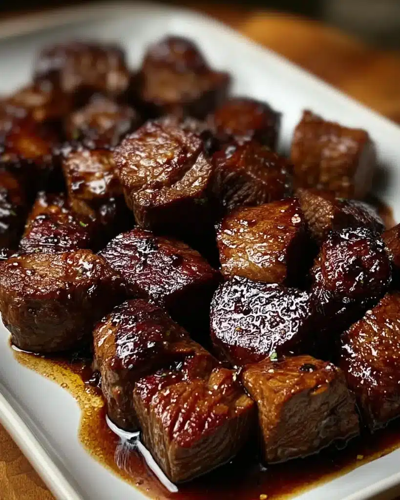 Close-up of tender crockpot steak bites glazed in savory sauce on a plate