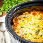 Slow cooker chicken enchilada casserole topped with melted cheese and garnished with green herbs