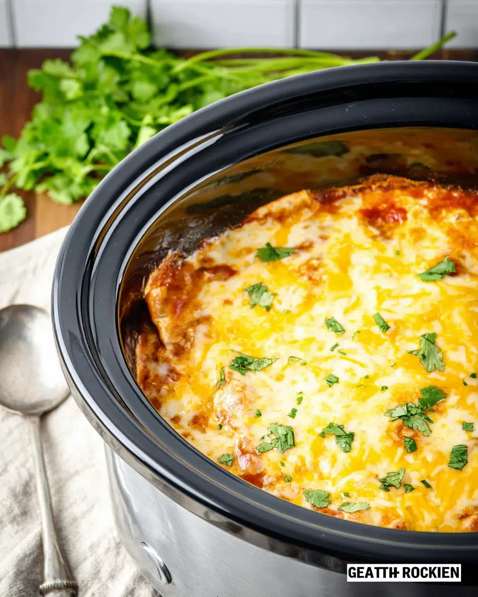 Slow cooker chicken enchilada casserole topped with melted cheese and garnished with green herbs