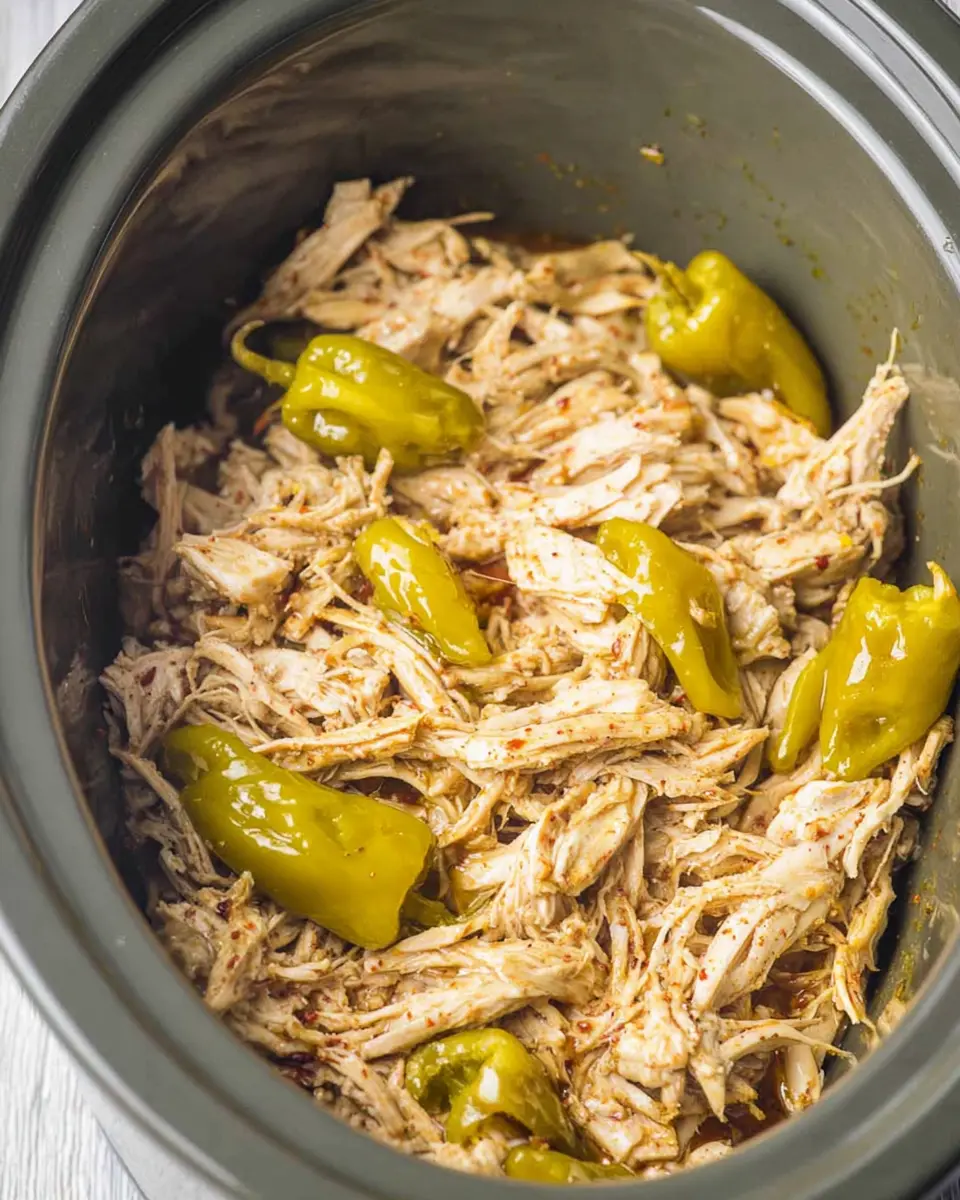 Shredded Mississippi Chicken in a slow cooker with pepperoncini peppers