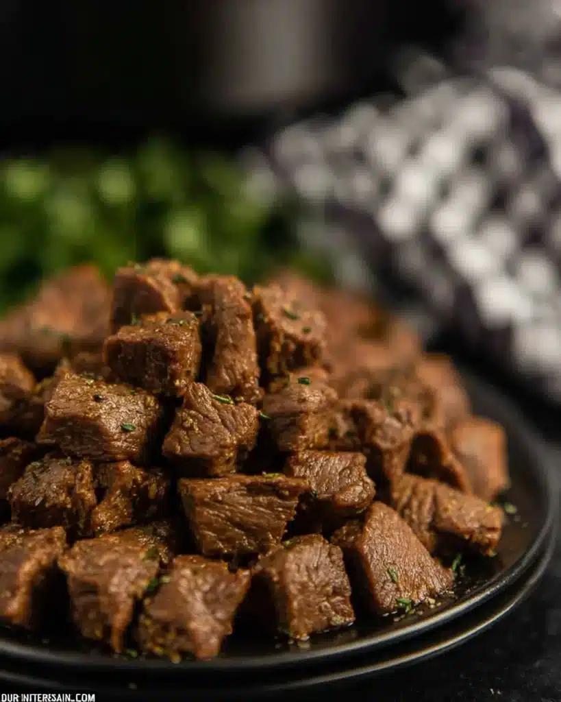 Crockpot Steak Bites – Easy, Tender, and Bursting with Flavor 8 Tender cubed steak bites on a dark plate with herbs and slow cooker in background