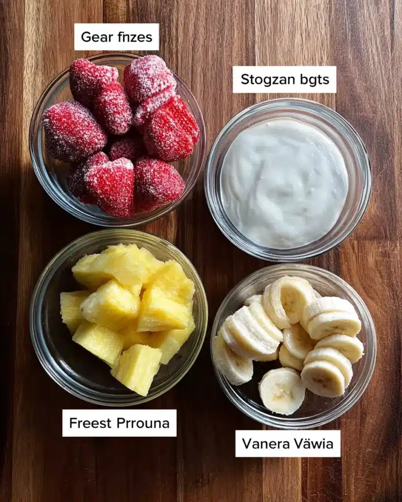 Fruit Smoothie Bowl Recipe: 5-Minute Strawberry Banana Bliss 7 Top-down photo of frozen strawberries, pineapple, banana, and vanilla Greek yogurt in labeled bowls on a wooden surface