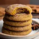 Chewy Pumpkin Cookies (Soft & Absolutely Delicious) 12 Chewy pumpkin cookies stacked on a plate with sugar-coated tops and a soft bite revealing a moist center.
