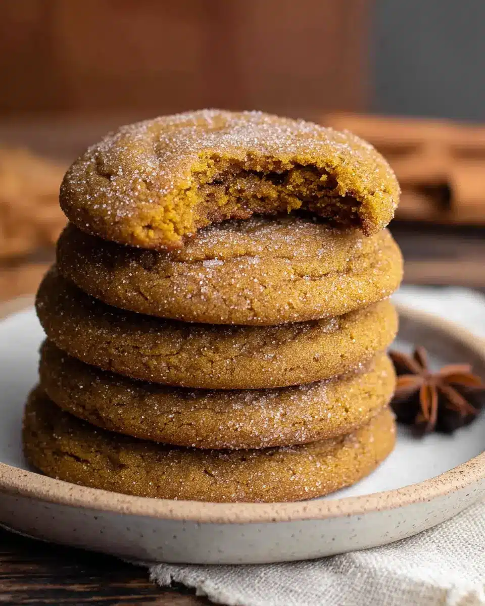 Chewy pumpkin cookies stacked on a plate with sugar-coated tops and a soft bite revealing a moist center.