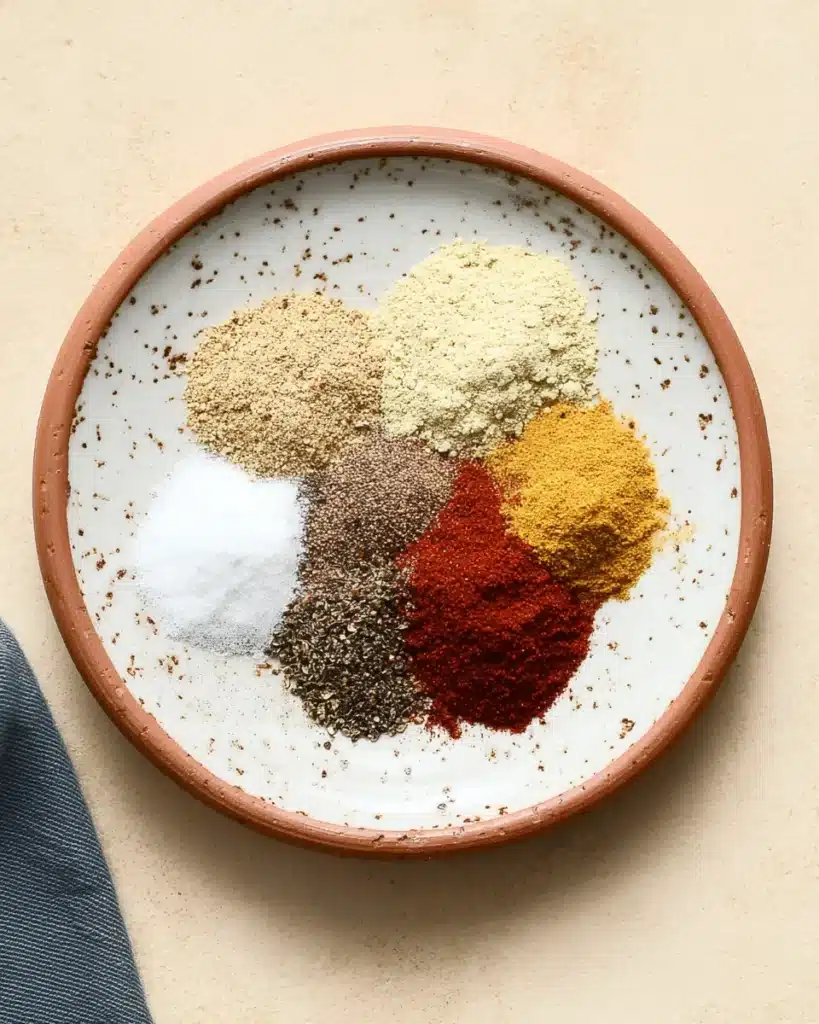 Caramelized BBQ Chicken Thighs in the Oven – Flavorful & Easy 9 BBQ chicken spice blend including smoked paprika, garlic powder, and mustard on ceramic plate