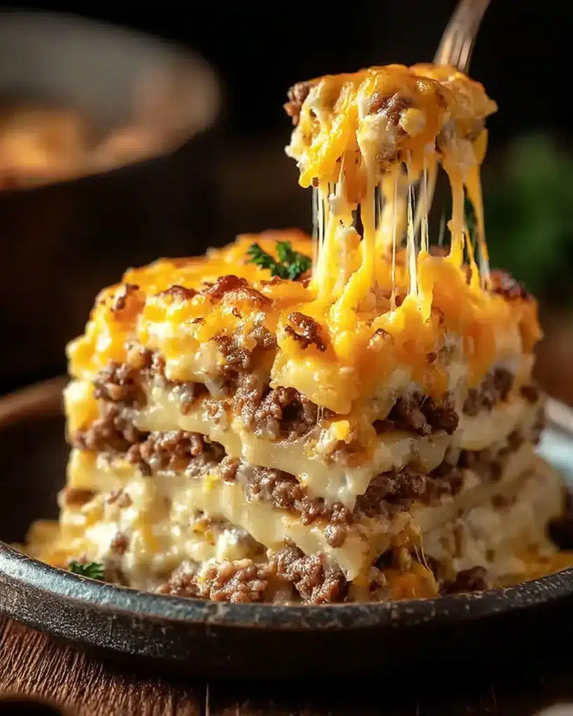 Tall slice of cheesy beef casserole with melted layers stacked on a rustic ceramic plate.