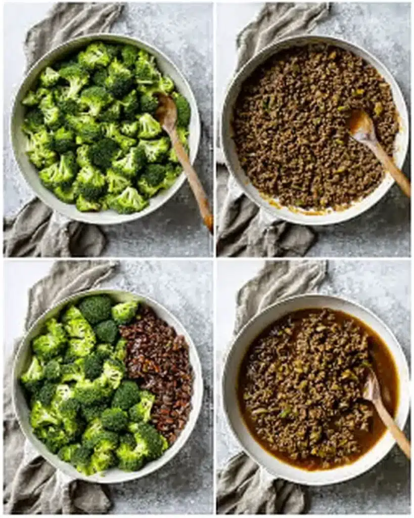 Honey Garlic Ground Beef and Broccoli – Quick Weeknight Stir-Fry 7 Four-step cooking collage showing how to make honey garlic ground beef and broccoli stir-fry