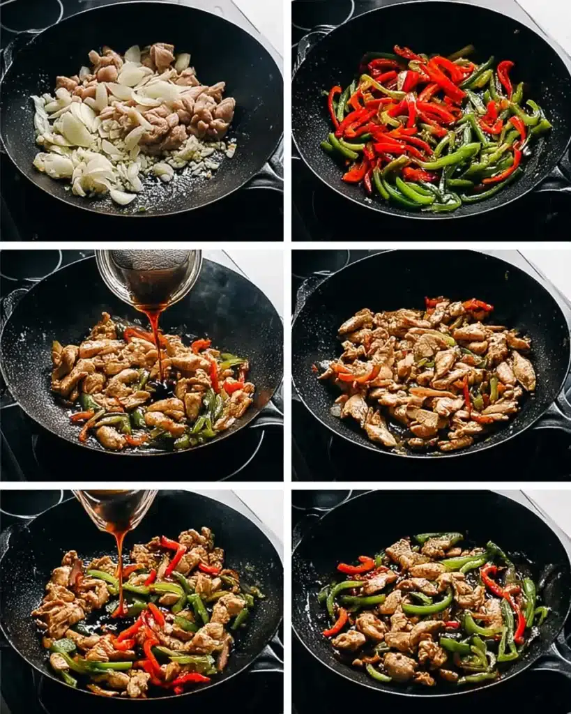 Black Pepper Chicken (Better Than Takeout!) 5 Step-by-step black pepper chicken stir-fry in wok with fresh vegetables and sauce