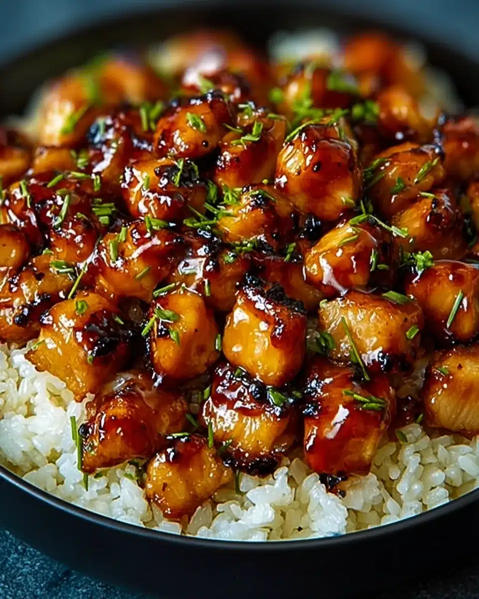 Glazed honey BBQ chicken bites over rice, topped with green onions in a dark bowl
