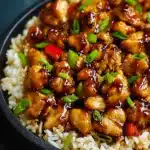 Caramelized BBQ chicken chunks with honey glaze on rice in a dark bowl
