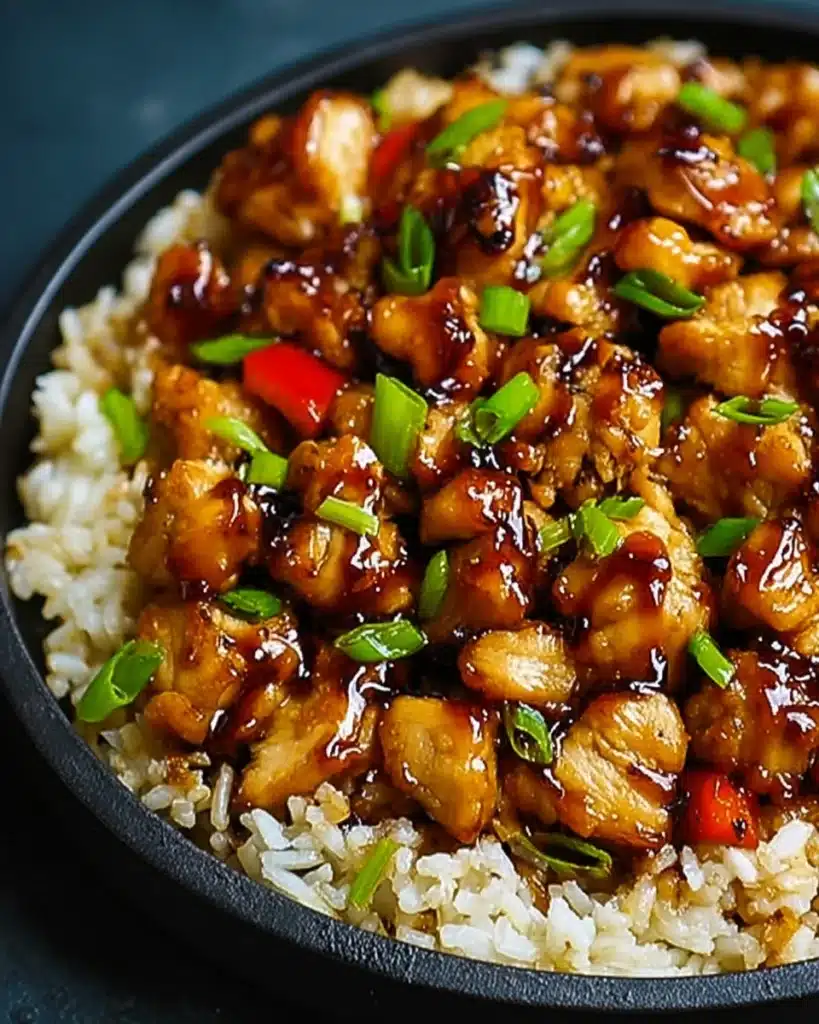 Caramelized BBQ chicken chunks with honey glaze on rice in a dark bowl

