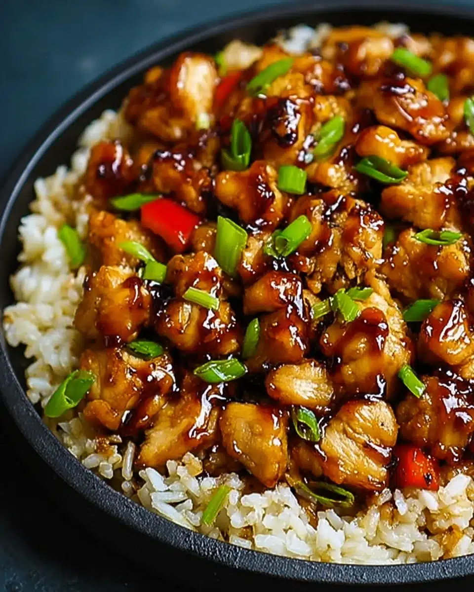 One-Pan Bold Honey BBQ Chicken Rice Recipe for Easy Dinners 3 Caramelized BBQ chicken chunks with honey glaze on rice in a dark bowl