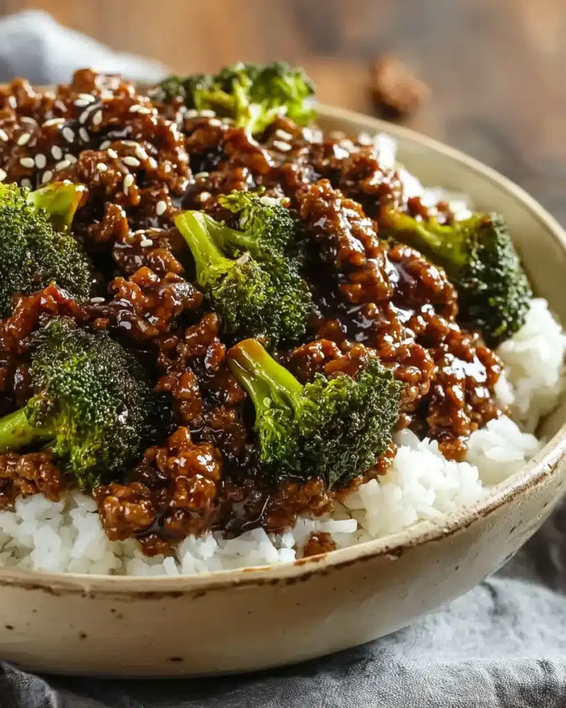 Honey Garlic Ground Beef and Broccoli – Quick Weeknight Stir-Fry 8 Bowl of honey garlic ground beef and broccoli served over rice with sesame seed garnish