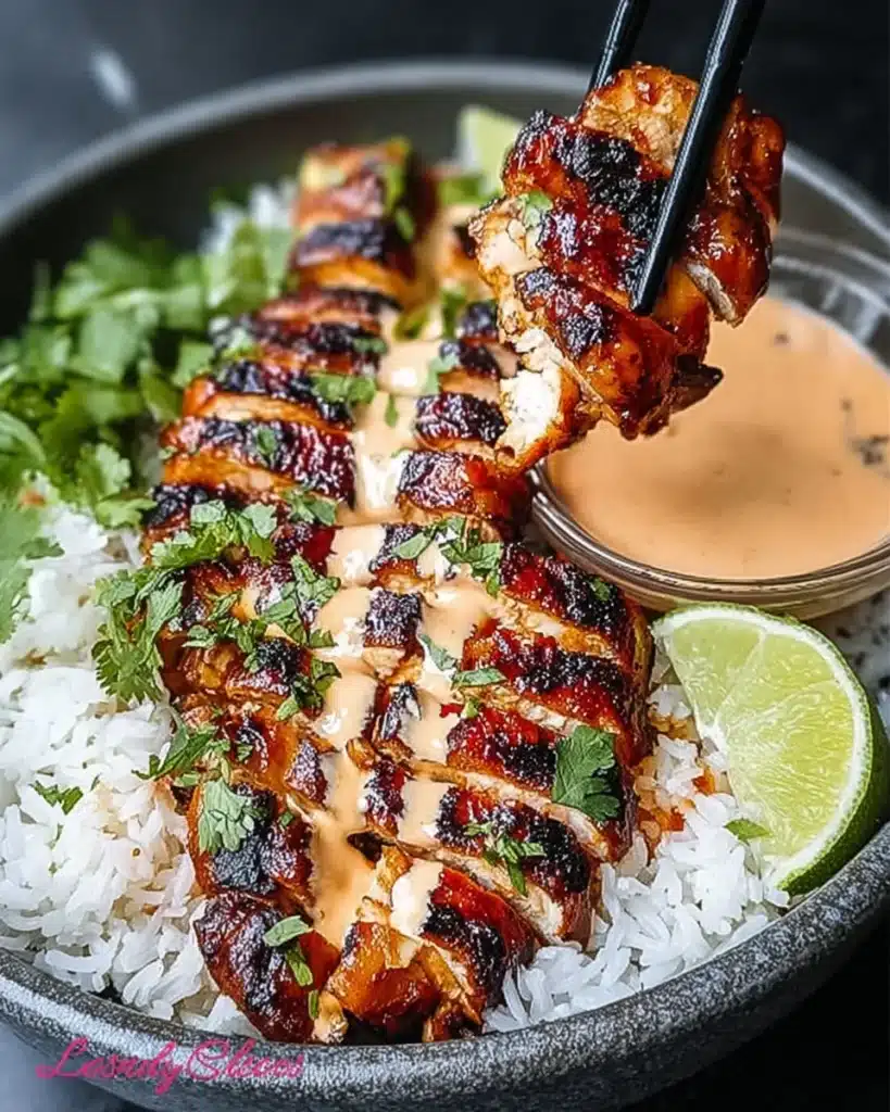 Grilled sweet chili chicken bowl with coconut drizzle, charred chicken over jasmine rice, garnished with lime and herbs