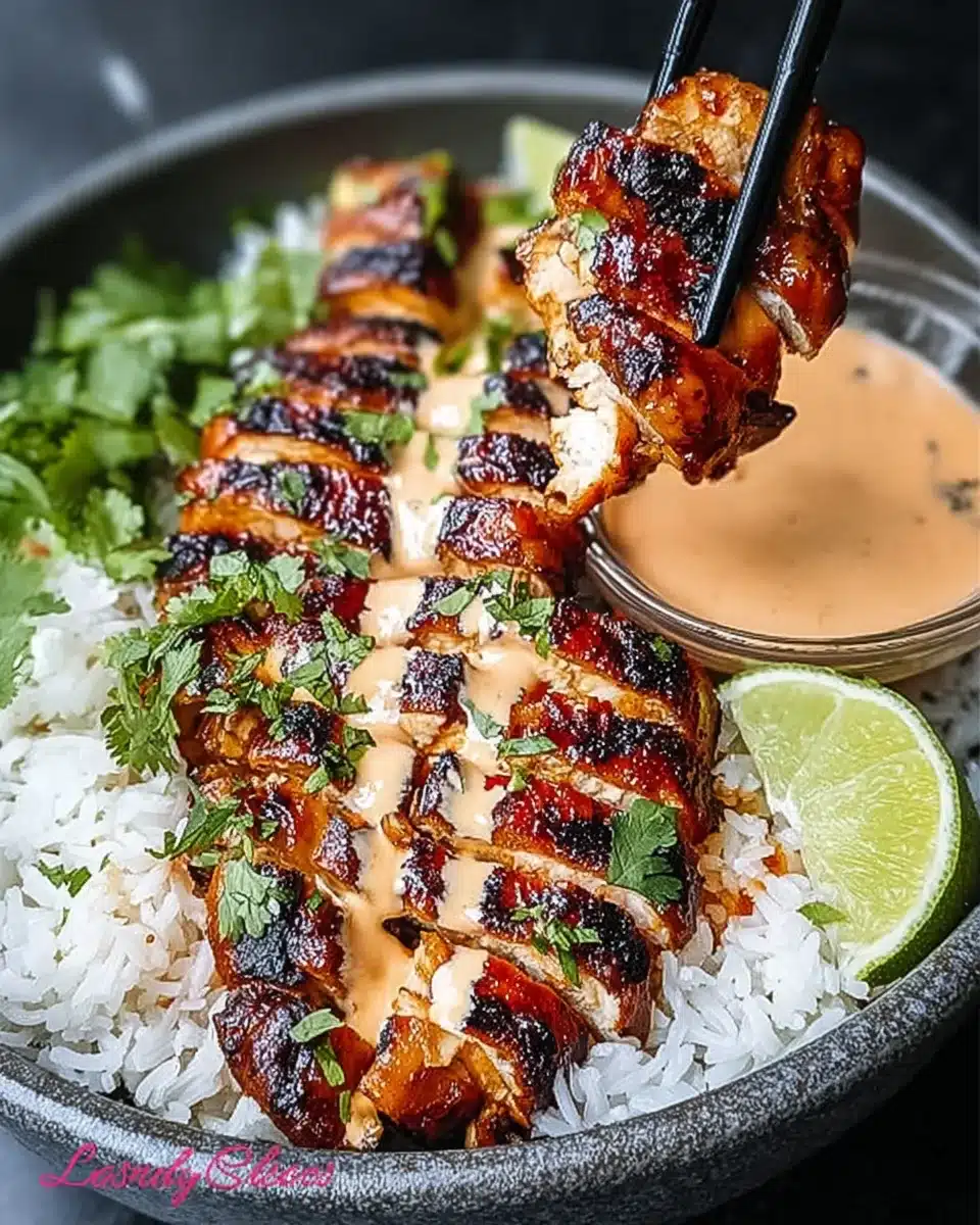Grilled sweet chili chicken bowl with coconut drizzle, charred chicken over jasmine rice, garnished with lime and herbs
