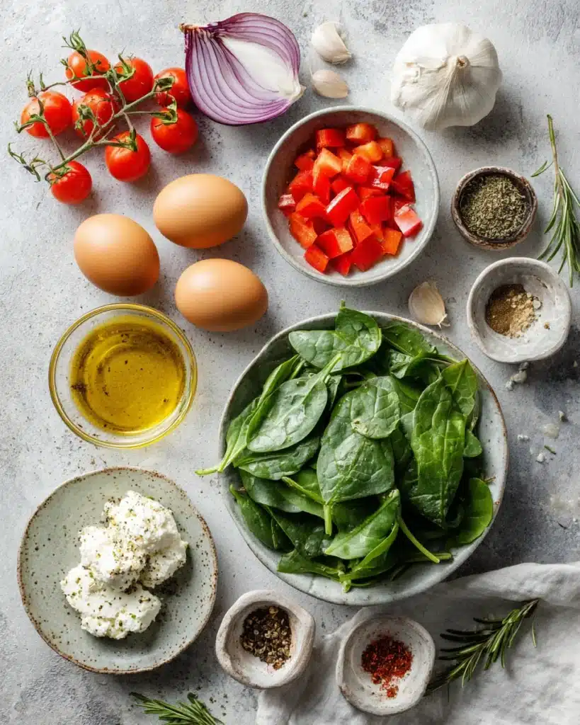 Feta Eggs – Easy Baked Breakfast Packed with Flavor 9 Overhead view of ingredients for baked feta eggs including tomatoes, eggs, spinach, feta, and herbs on a linen background.
