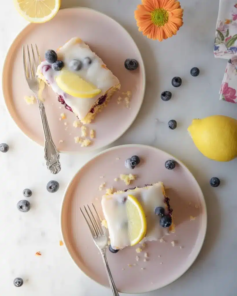 Lemon Blueberry Sheet Cake That Tastes Like Summer 9 Flat lay of lemon blueberry sheet cake slices on pink plates with forks, lemon, and berries