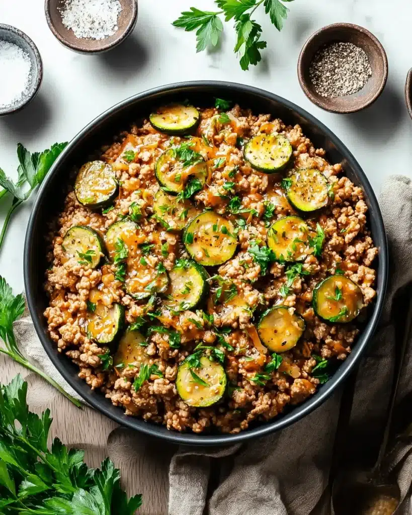 Ground Turkey and Zucchini Skillet (One-Pan Dinner in 35 Minutes) 5 Top-down view of turkey and zucchini skillet garnished with parsley in a black pan