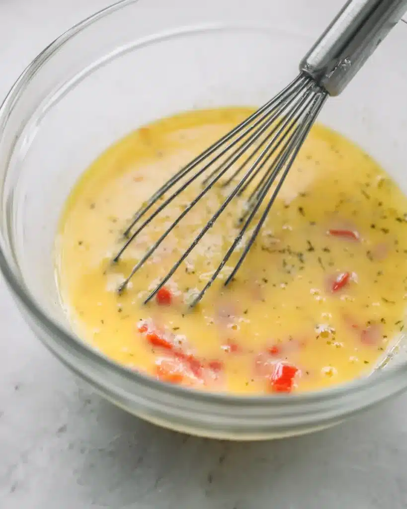 Whisked eggs with diced red bell pepper in a glass bowl with metal whisk on a marble counter

