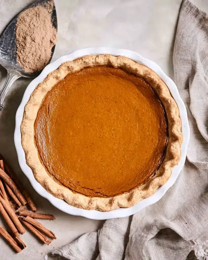 Pumpkin Pie Recipe: Silky, Spiced, and Holiday-Ready 7 Whole pumpkin pie in ceramic dish with golden crust and smooth filling, styled with cinnamon and linen