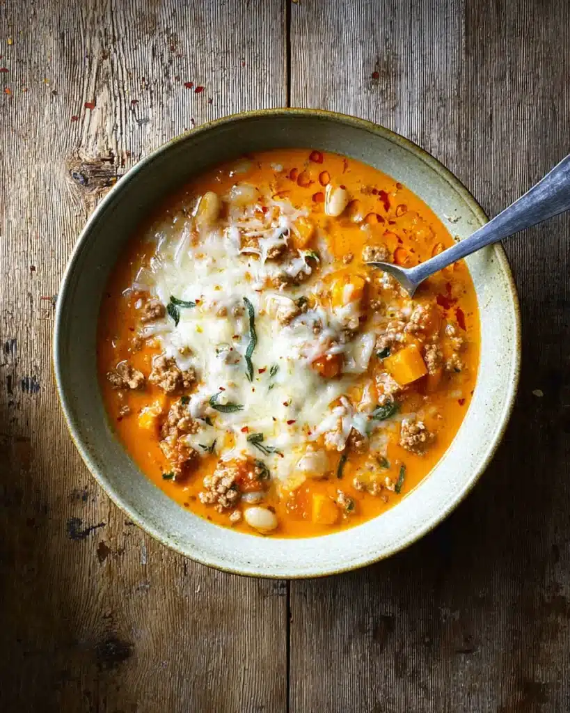 Chicken Chili with Pumpkin (Ultimate One-Pot Comfort Recipe) 8 Bowl of chicken pumpkin chili topped with melted cheese and herbs on a rustic wooden table