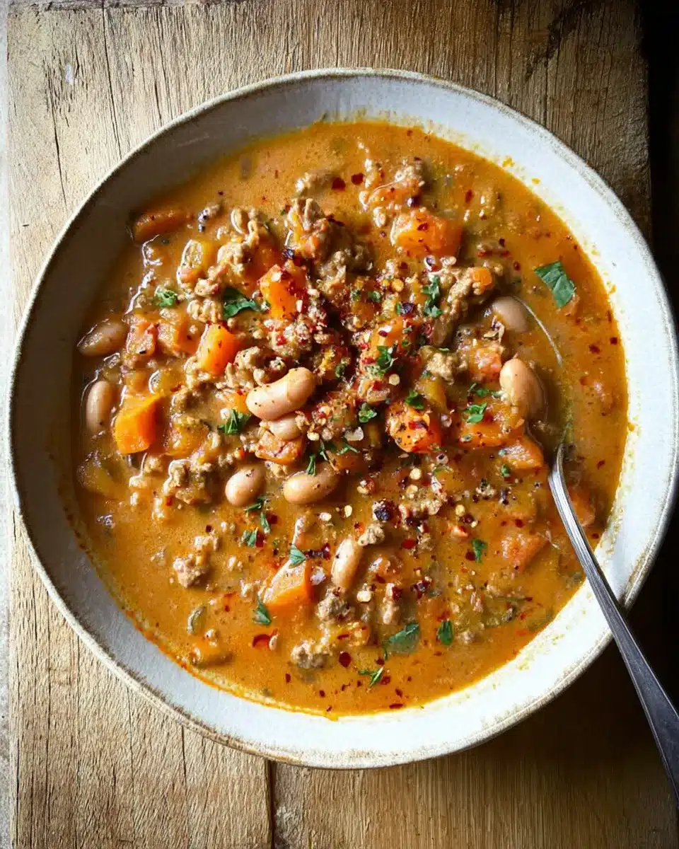 Bowl of creamy chicken chili with pumpkin, white beans, and herbs in a rustic ceramic dish